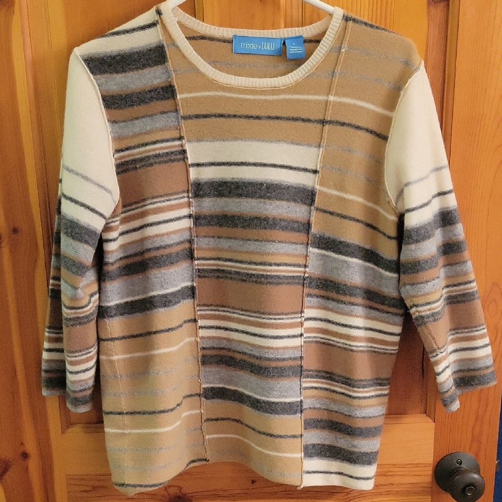 Chico's Women's Striped Patchwork Sweater - Brown and Cream